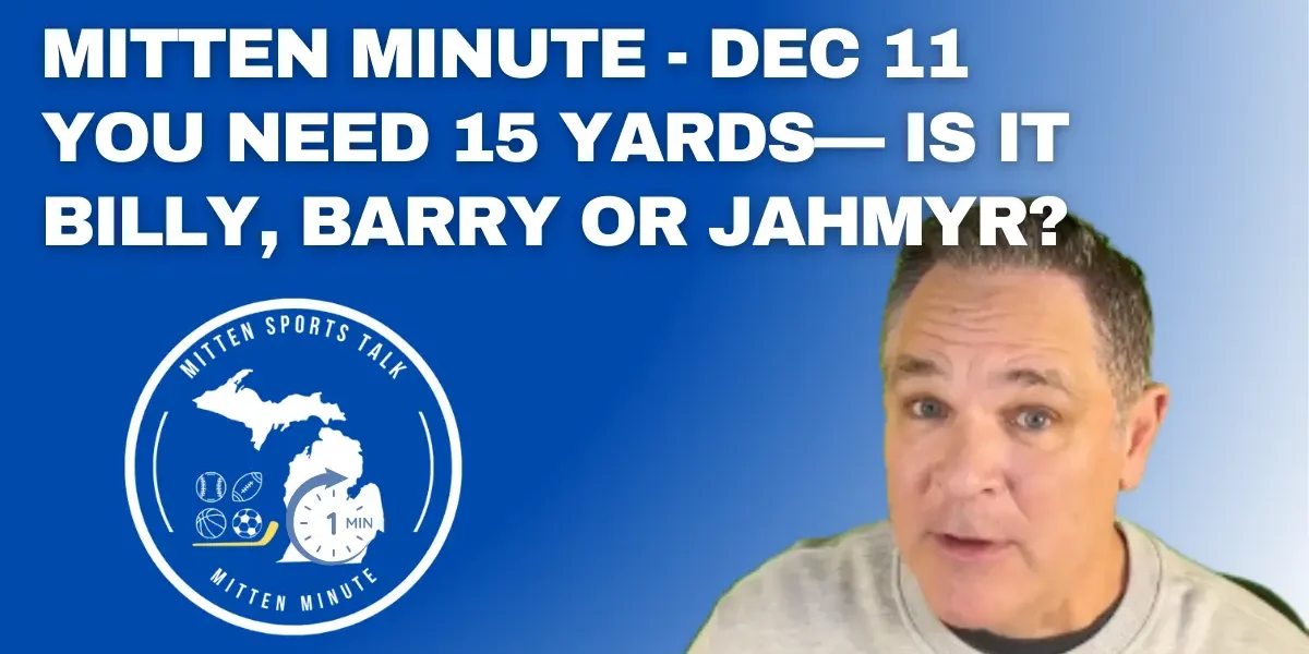 Mitten Minute graphic featuring Detroit Lions running backs Billy Sims, Barry Sanders and Jahmyr Gibbs with Red Wings mention