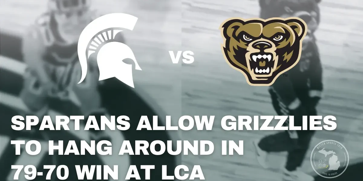 Michigan State Spartans vs Oakland Golden Grizzlies maacots at Little Caesars Arena in Detroit
