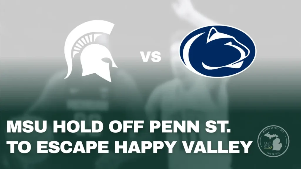 Michigan State Spartans celebrate a road win against Penn State at the Bryce Jordan Center