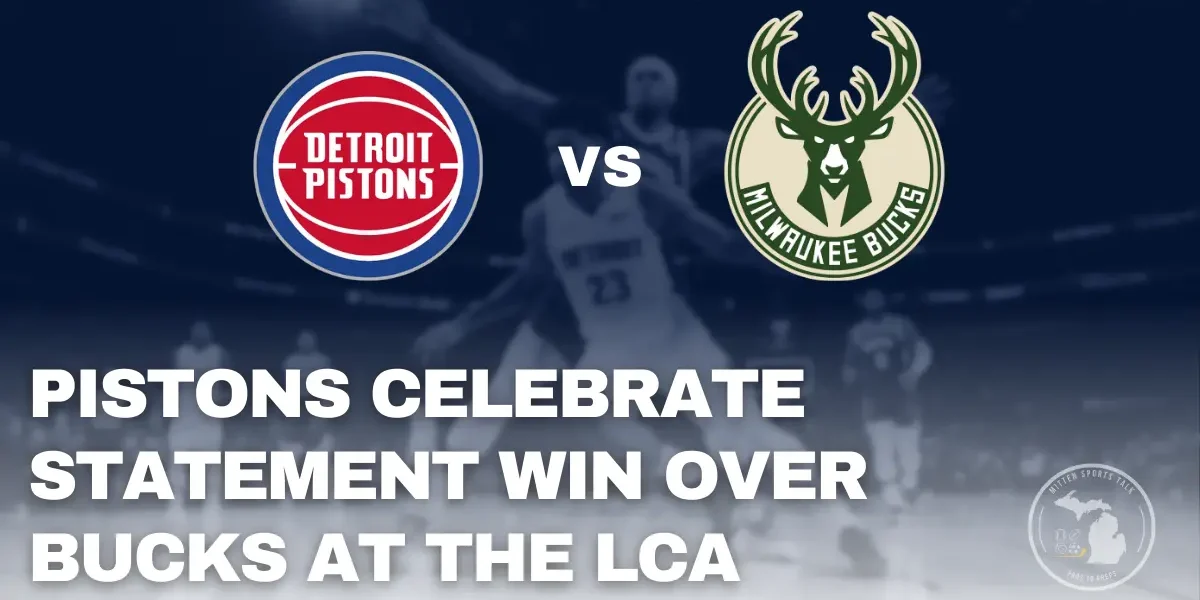 Detroit Pistons celebrate at Little Caesars Arena after snapping the Bucks’ 15-game Detroit winning streak in a 124-112 victory.