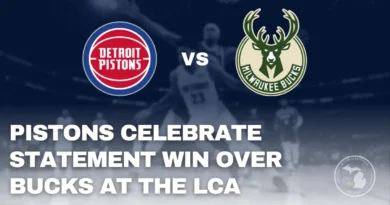 Detroit Pistons celebrate at Little Caesars Arena after snapping the Bucks’ 15-game Detroit winning streak in a 124-112 victory.