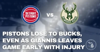 Detroit Pistons players react after a late-game collapse in a 113-109 loss to the Milwaukee Bucks.