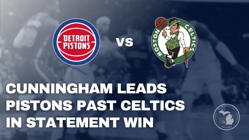 Cade Cunningham celebrates during Pistons 112–105 win over Boston Celtics at TD Garden