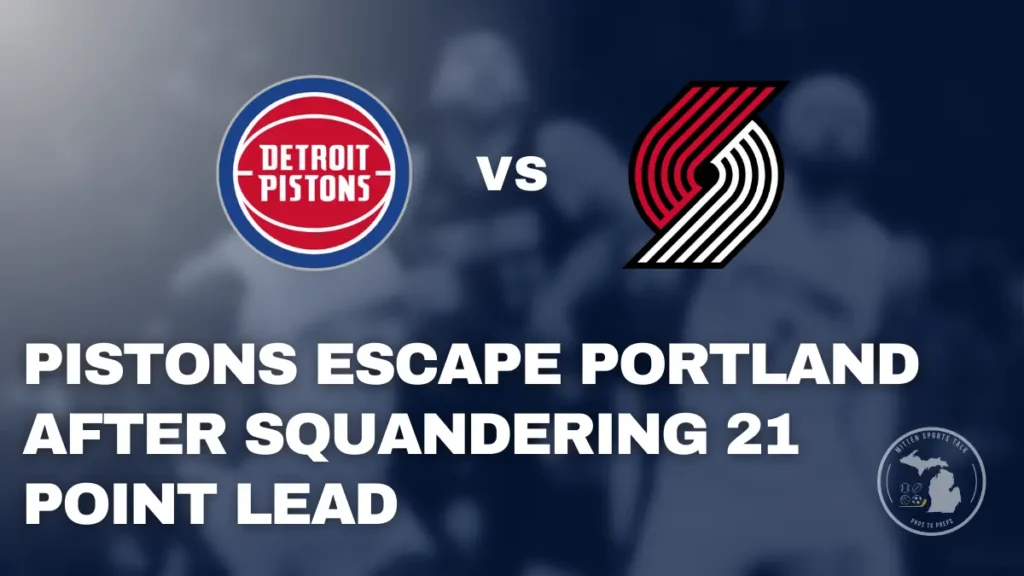 Detroit Pistons celebrate late basket against Portland Trail Blazers at Moda Center