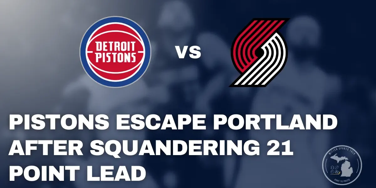 Detroit Pistons celebrate late basket against Portland Trail Blazers at Moda Center