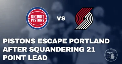 Detroit Pistons celebrate late basket against Portland Trail Blazers at Moda Center