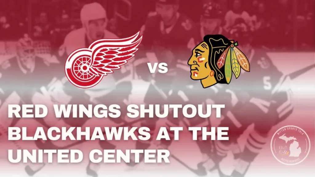 Detroit Red Wings celebrate a 4-0 shutout win over the Chicago Blackhawks at the United Center