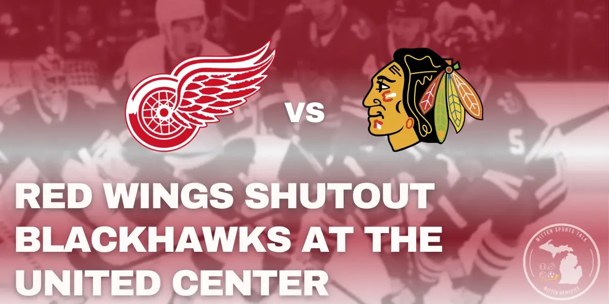 Detroit Red Wings celebrate a 4-0 shutout win over the Chicago Blackhawks at the United Center