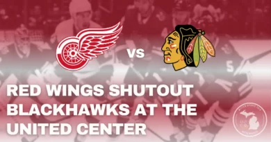 Detroit Red Wings celebrate a 4-0 shutout win over the Chicago Blackhawks at the United Center