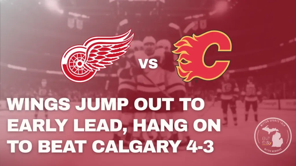 Detroit Red Wings celebrate a goal against the Calgary Flames during a 4–3 victory at the Saddledome.