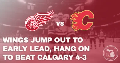 Detroit Red Wings celebrate a goal against the Calgary Flames during a 4–3 victory at the Saddledome.