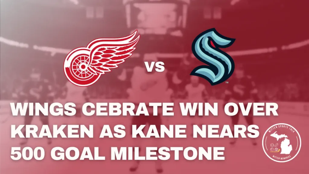 Patrick Kane celebrates after scoring the late game-winner in the Red Wings’ 4-3 victory over the Kraken in Seattle.