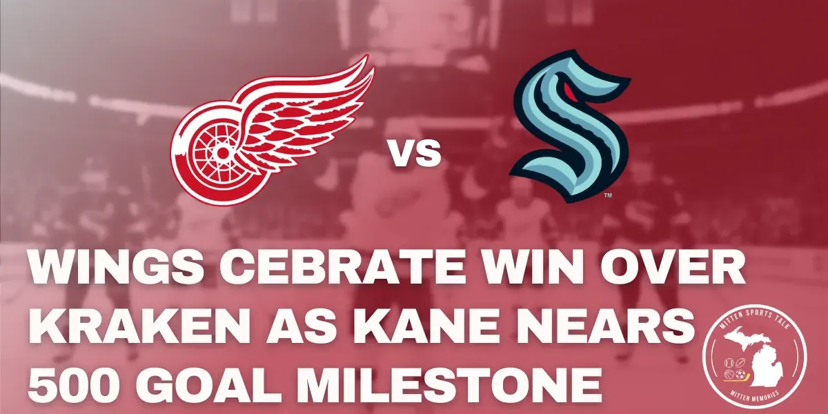 Patrick Kane celebrates after scoring the late game-winner in the Red Wings’ 4-3 victory over the Kraken in Seattle.