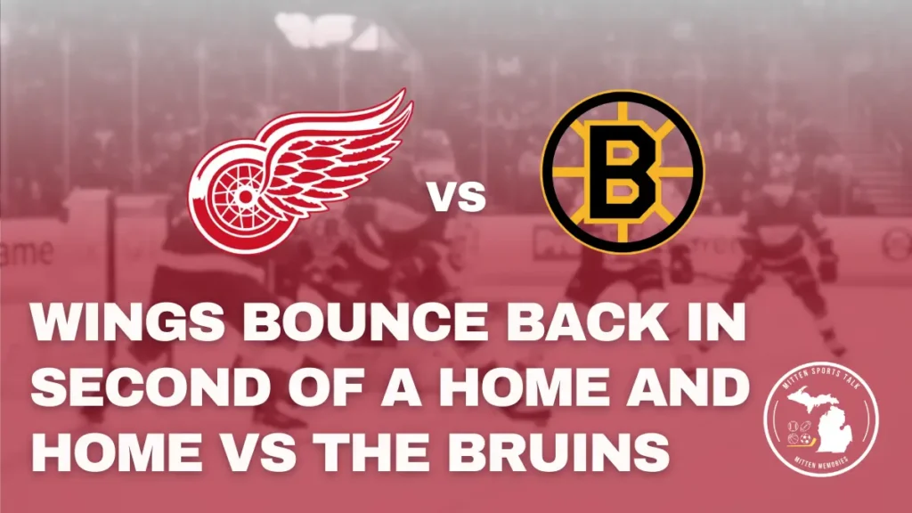 Moritz Seider celebrates after scoring during Red Wings’ 5-4 win over the Bruins at Little Caesars Arena.