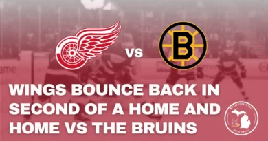 Moritz Seider celebrates after scoring during Red Wings’ 5-4 win over the Bruins at Little Caesars Arena.