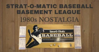 Friends playing Strat-O-Matic baseball with dice and player cards in a basement, early 1980s