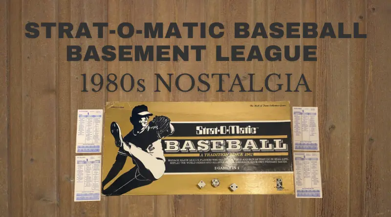 Friends playing Strat-O-Matic baseball with dice and player cards in a basement, early 1980s