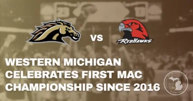 Western Michigan Broncos players celebrate winning the 2025 MAC Championship at Ford Field after defeating Miami (OH).