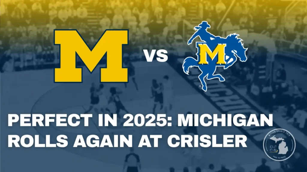 Michigan Wolverines celebrate a dominant win over McNeese at Crisler Center as they remain undefeated in the 2025 season.