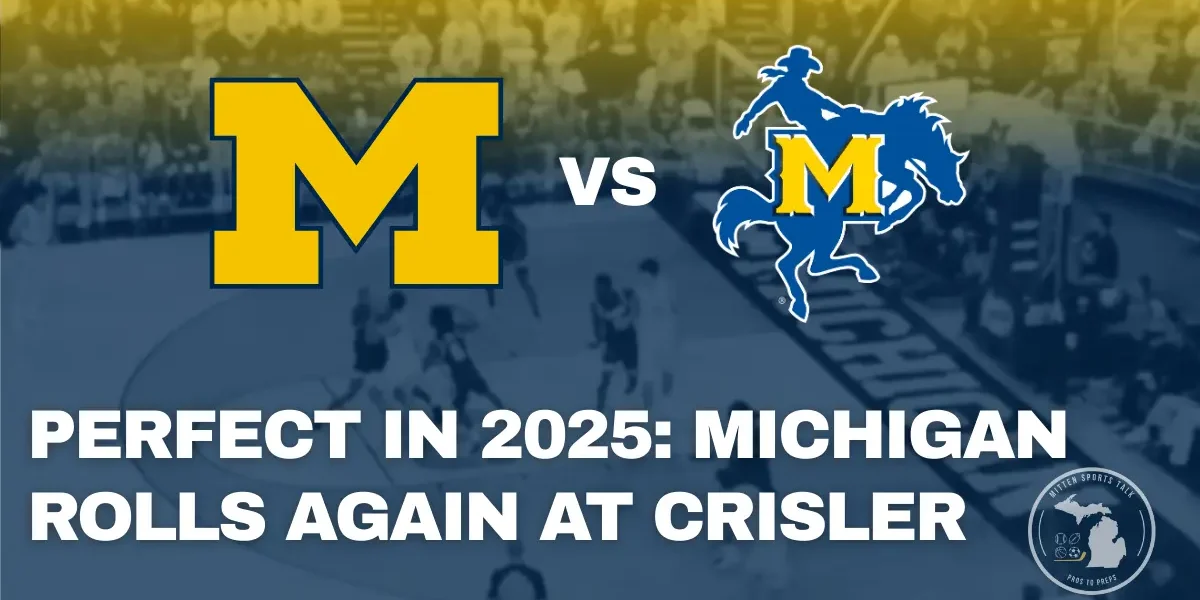 Michigan Wolverines celebrate a dominant win over McNeese at Crisler Center as they remain undefeated in the 2025 season.
