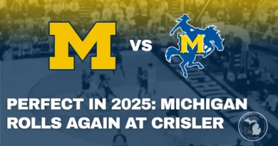 Michigan Wolverines celebrate a dominant win over McNeese at Crisler Center as they remain undefeated in the 2025 season.
