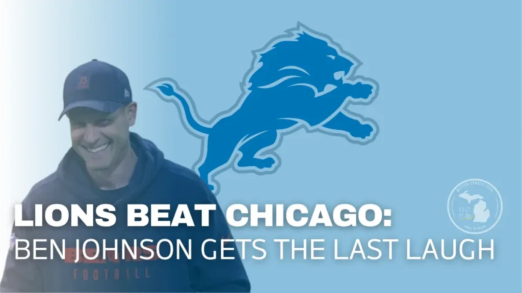 Detroit Lions logo alongside former offensive coordinator Ben Johnson after Lions beat the Chicago Bears in Week 18, finishing 9–8 but missing the playoffs.