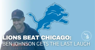 Detroit Lions logo alongside former offensive coordinator Ben Johnson after Lions beat the Chicago Bears in Week 18, finishing 9–8 but missing the playoffs.