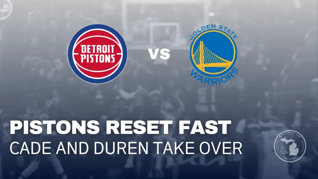 Detroit Pistons players celebrate a 131–124 road win over the Golden State Warriors at Chase Center after controlling the paint and fast-break scoring.