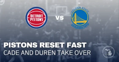 Detroit Pistons players celebrate a 131–124 road win over the Golden State Warriors at Chase Center after controlling the paint and fast-break scoring.