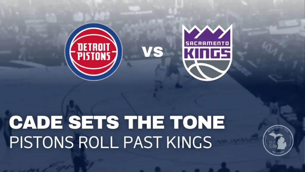 Cade Cunningham attacks the lane during the Pistons’ 139–116 win over the Sacramento Kings at Little Caesars Arena.