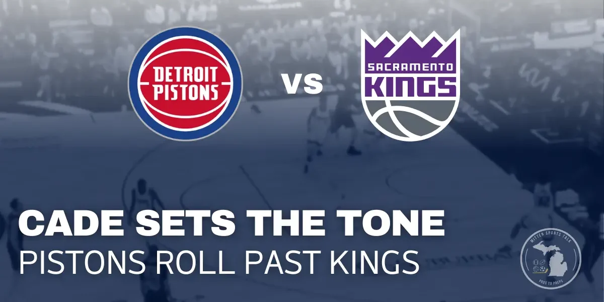 Cade Cunningham attacks the lane during the Pistons’ 139–116 win over the Sacramento Kings at Little Caesars Arena.