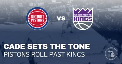 Cade Cunningham attacks the lane during the Pistons’ 139–116 win over the Sacramento Kings at Little Caesars Arena.