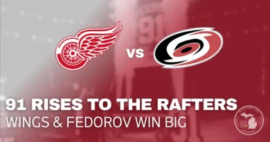 Detroit Red Wings vs Carolina Hurricanes feature image showing Sergei Fedorov’s No. 91 jersey rising to the rafters at Little Caesars Arena