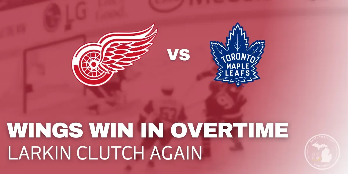 Detroit Red Wings captain Dylan Larkin scores overtime game-winning goal against Toronto Maple Leafs with Sharks, Senators, and Leafs logos in background