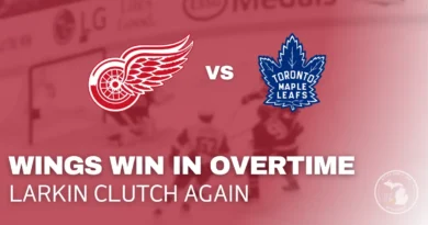 Detroit Red Wings captain Dylan Larkin scores overtime game-winning goal against Toronto Maple Leafs with Sharks, Senators, and Leafs logos in background