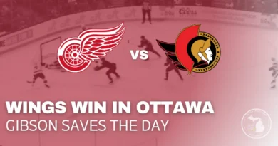 John Gibson makes a save as the Detroit Red Wings defeat the Ottawa Senators 5–3 in Ottawa