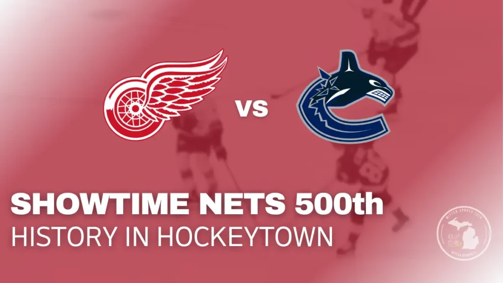 Patrick Kane celebrates his 500th career NHL goal as the Red Wings defeat the Vancouver Canucks at Little Caesars Arena