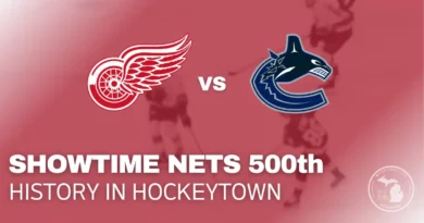 Patrick Kane celebrates his 500th career NHL goal as the Red Wings defeat the Vancouver Canucks at Little Caesars Arena