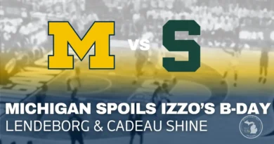 Michigan Wolverines players celebrate after an 83–71 road win over Michigan State at Breslin Center, spoiling Tom Izzo’s birthday in a Big Ten rivalry game.