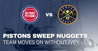 Cade Cunningham driving to the basket against the Denver Nuggets defense.