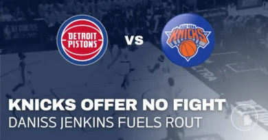Pistons vs Knicks Recap Feb 7 graphic showing Daniss Jenkins leading dominant Detroit win